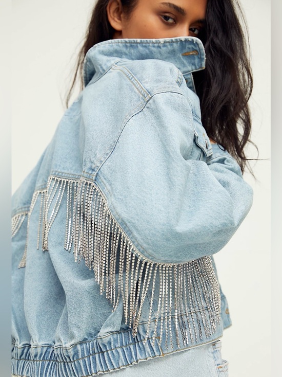 Free People Jackets & Blazers - FREE PEOPLE Rhinestone Fringe COMET Denim Bomber Jacket